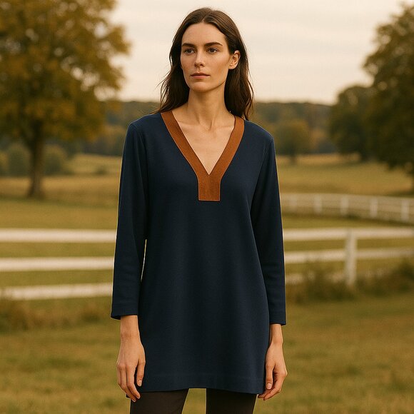 Lauren Ralph Lauren Suede Collar Popover Tunic Top Navy Old Money Preppy Size 2X - Picture 1 of 10